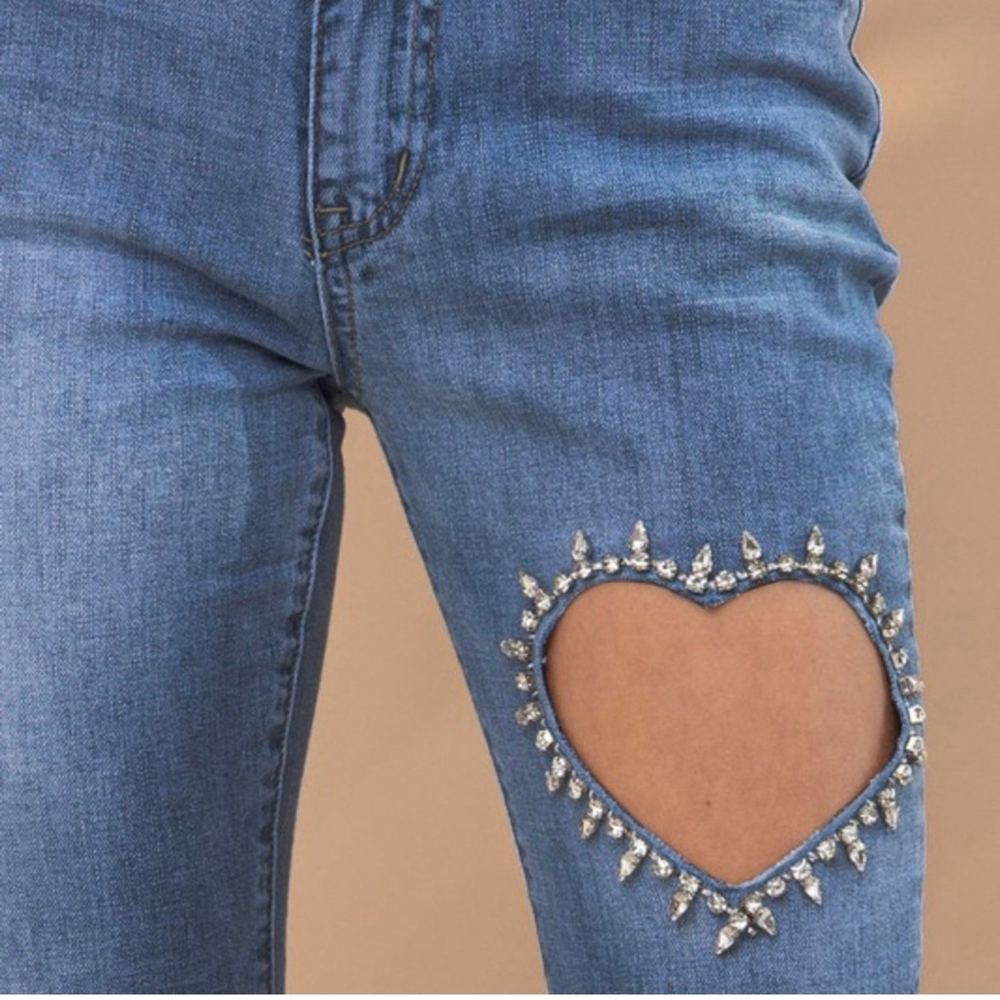 Blue B Ankle Cropped Jeans with Heart Cutout and rhinestones - Picture 2 of 4